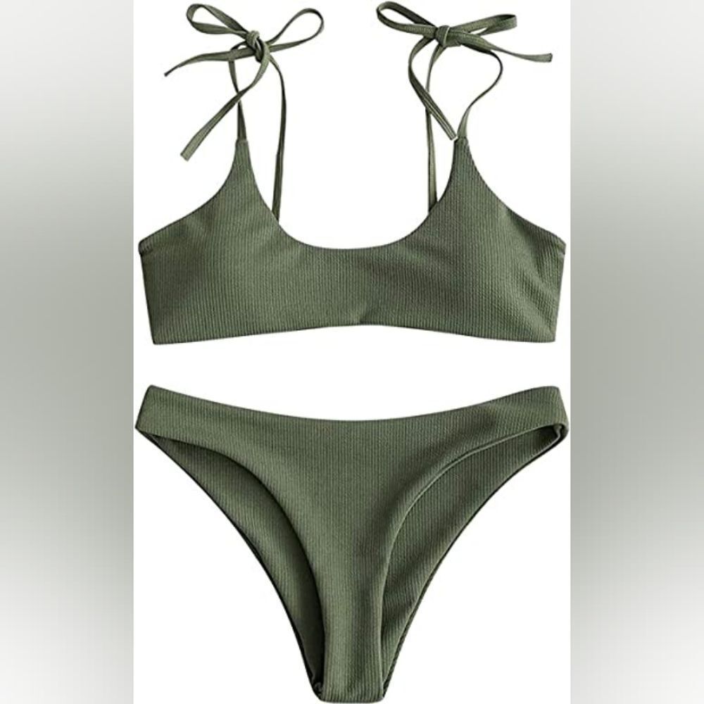 Zaful Bikini Swimsuit Strappy Lace Up Top Ribbed Olive Green Size L (8) - NWT